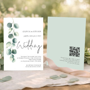 Invitation Code QR de mariage moderne Eucalyptus Script Sage