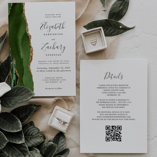 Invitation Code QR de mariage moderne vert chasseur agate dor (Créateur téléchargé)