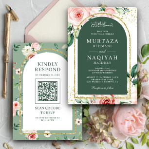 Invitation Code QR de mariage musulman à arc vert floral rose
