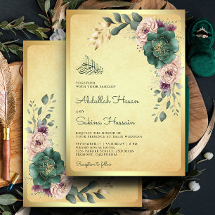 Invitation Code QR de mariage musulman floral émeraude vintag