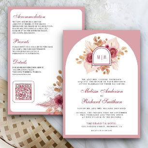 Invitation Code QR de mariage Pampas Floral Rose Grenade