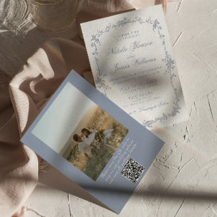 Invitation Code QR de mariage photo botanique florale bleu po