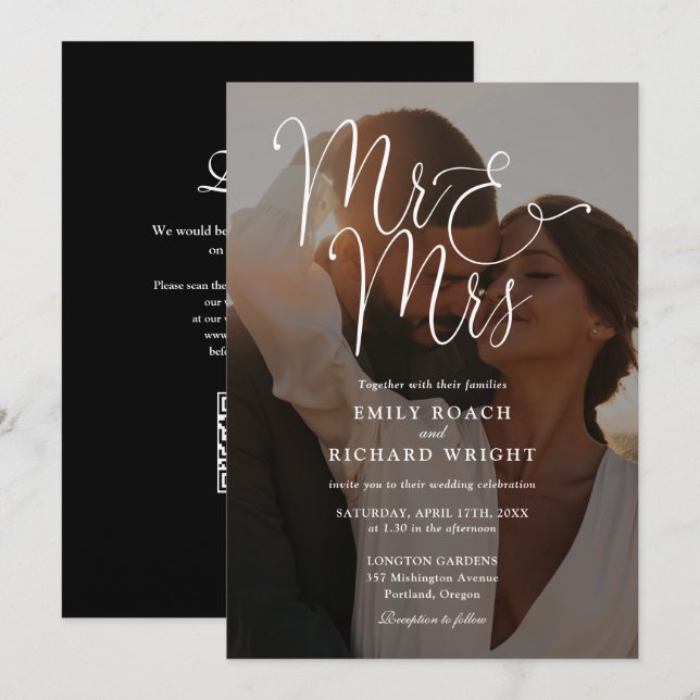 Invitation Code QR de mariage photo de script moderne M. et M (Devant / Derrière)