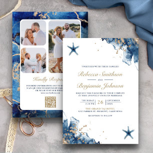 Invitation Code QR de mariage photo étoile de mer bleu marine