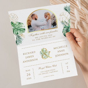 Invitation Code QR de mariage Photo Palmier Monstera Or Tropi