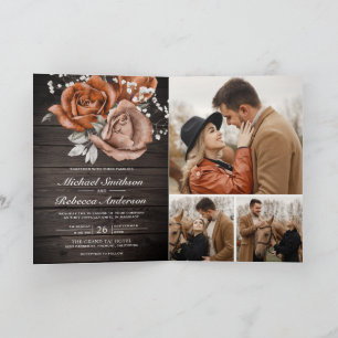 Invitation Code QR de mariage Rose Orange Brûlée Bois Rustiqu