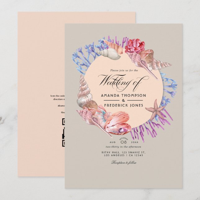 Invitation Code QR de mariage RSVP Sandy Beach (Devant / Derrière)