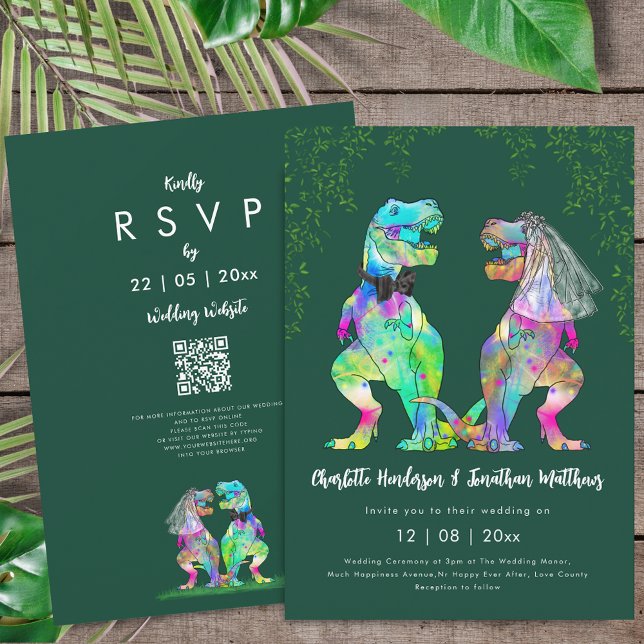 Invitation Code QR de mariage vert sur le thème des dinosaure (Colorful T-Rex bride and groom dinosaur wedding dark green rsvp qr code invitation Eucalyptus )