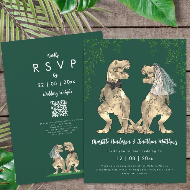 Invitation Code QR de mariage vert thème dinosaure  (T-Rex bride and groom dinosaur wedding green rsvp qr code invitation watercolor Eucalyptus foliage )