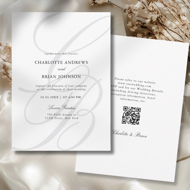 Invitation Code QR de monogramme de police de script minimali (Minimalist Script Font Monogram QR Code Wedding Invitation)