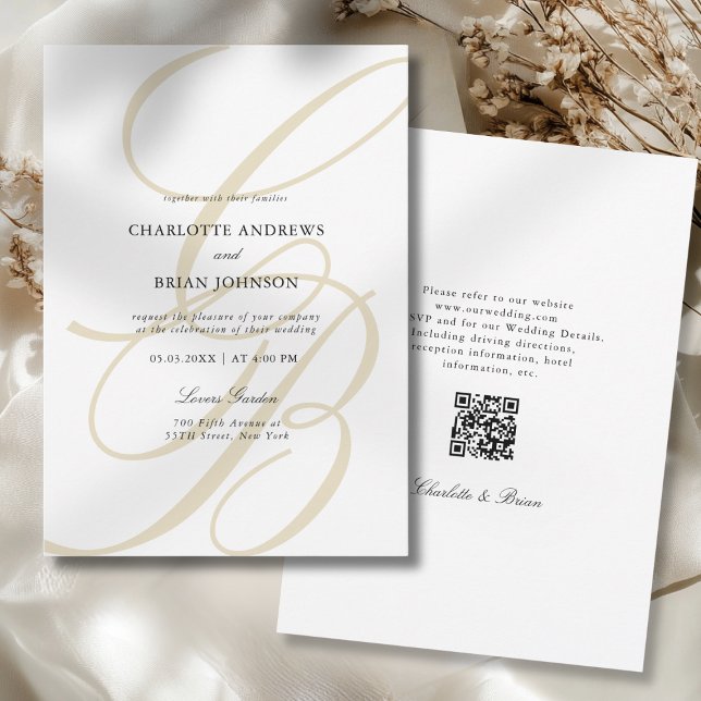 Invitation Code QR de monogramme de police de script minimali (Minimalist Script Font Monogram QR Code Wedding Invitation)