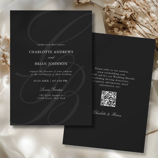 Invitation Code QR de monogramme de police de script minimali (Minimalist Script Font Monogram QR Code Black White Gray Wedding Invitation)