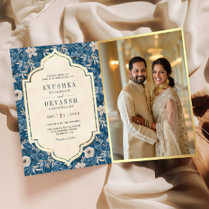 Invitation Code QR de motif floral bleu vintage pour mariage 