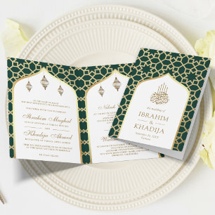 Invitation Code QR de motif islamique Green Gold pour mariage