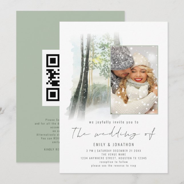 Invitation Code QR de photo de forêt hivernale Sage Mariage (Devant / Derrière)