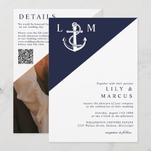 Invitation Code QR de photo de mariage à monogramme nautique 