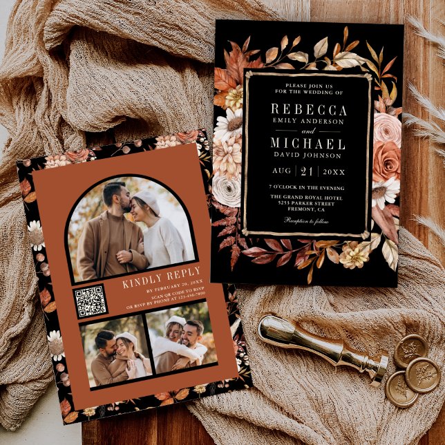 Invitation Code QR de photo florale en terre cuite noir maria (Créateur téléchargé)