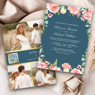 Invitation Code QR de photo florale rose poudré pour mariage