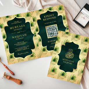 Invitation Code QR de plumes de paon vintage pour mariage mus