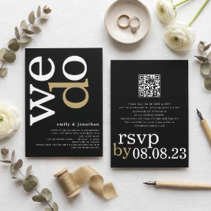 Invitation Code QR de typographie moderne mariage noir or bla