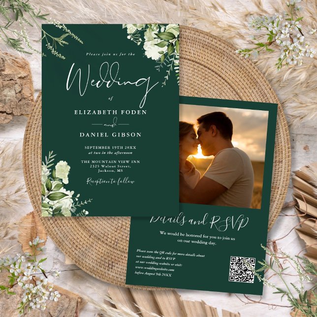 Invitation Code QR de verdure Photo Vert émeraude Mariage (Greenery QR Code Photo Emerald Green Wedding Invitation)