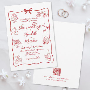 Invitation Code QR Dessiné à la Main Rouge Mariage Fantaisist