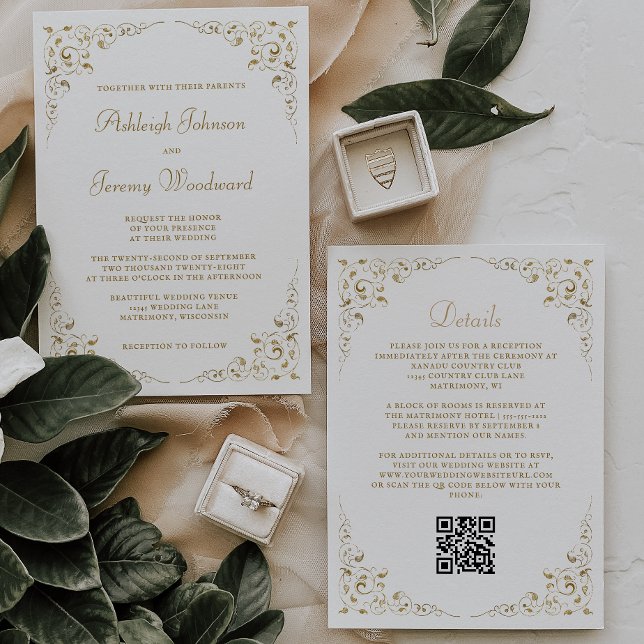 Invitation Code QR du cadre botanique de script or (Créateur téléchargé)