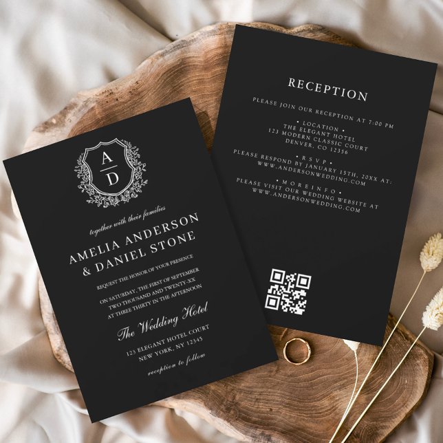 Invitation Code QR du Mariage de monogramme de la crête flora (Créateur téléchargé)