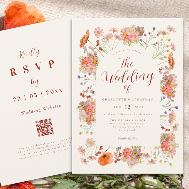 Invitation Code QR du Mariage Fleur sauvage Boho (Boho wildflower elegant fall wedding qr code invitation )