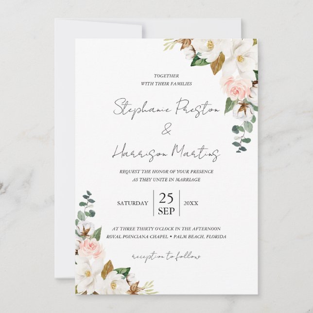 Invitation Code QR du Mariage Floral Blanc et Blush Magnolia (Devant)