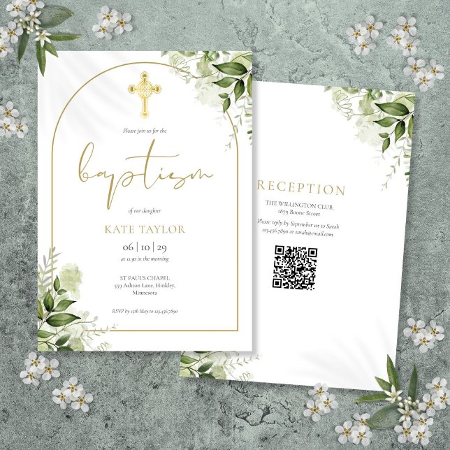 Invitation Code QR élégant de baptême floral d'arche en or et (Elegant Gold Arch Greenery Floral Baptism QR Code Invitation)