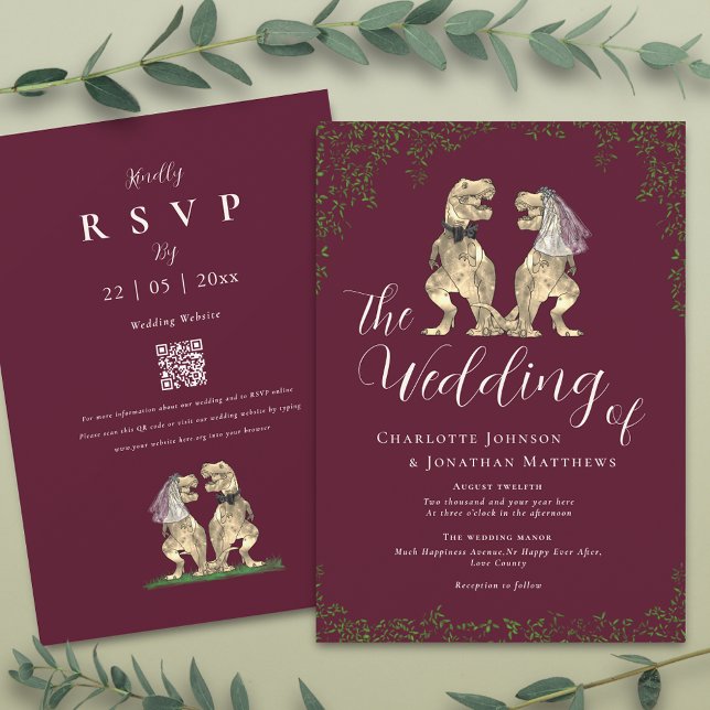 Invitation Code QR élégant de mariage de dinosaure bordeaux e (T-Rex bride and groom funny dinosaur burgundy & ivory cream wedding qr code invitation )