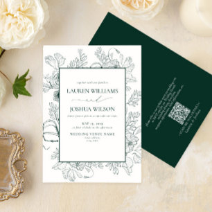 Invitation Code QR Élégant Emerald Green Floral Line Art