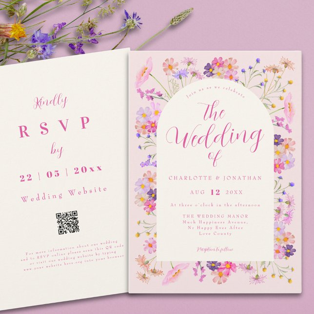 Invitation Code QR Elegant Fleur sauvage Boho Rose (Elegant wildflower pink qr code wedding invitation )