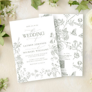 Invitation Code QR Elegant Green Chinoiserie Floral Mariage