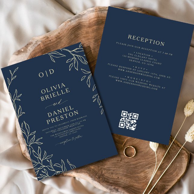 Invitation Code QR Elegant Marine Blue Gold Monogram Mariage (Créateur téléchargé)