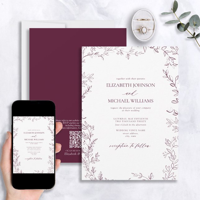 Invitation Code QR Elégant minima feuille Mariage Bourgogne (Créateur téléchargé)
