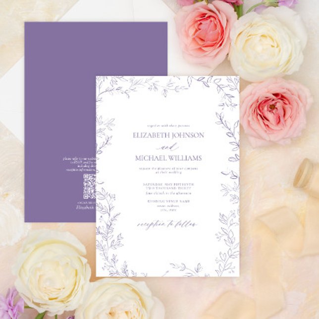 Invitation Code QR Elegant minima feuille Mariage Lavender (Créateur téléchargé)