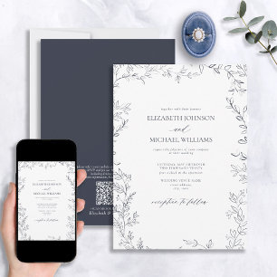 Invitation Code QR Élégant minimum feuille Mariage bleu marin