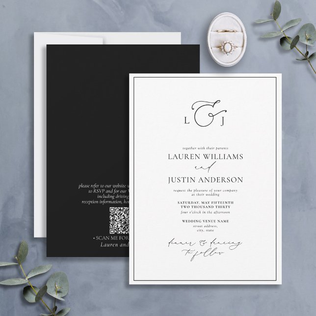 Invitation Code QR Élégant noir blanc calligraphie Monogramme (Créateur téléchargé)