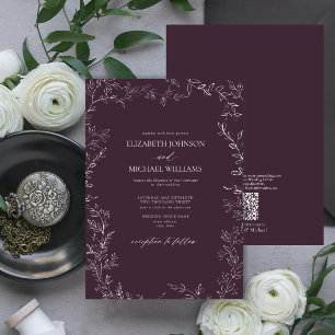 Invitation Code QR Élégant Plum violet Mariage de feuille min