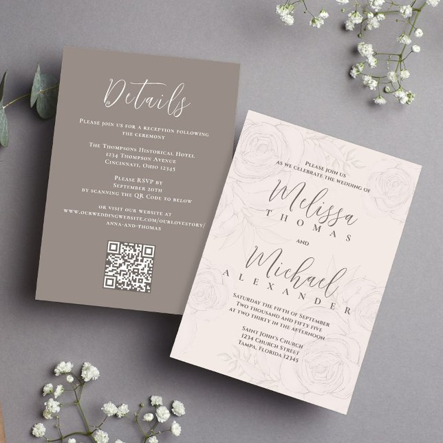 Invitation Code QR élégant RSVP en ligne flush Floral (Elegant wedding invitations with blush floral pattern and taupe with QR Code)
