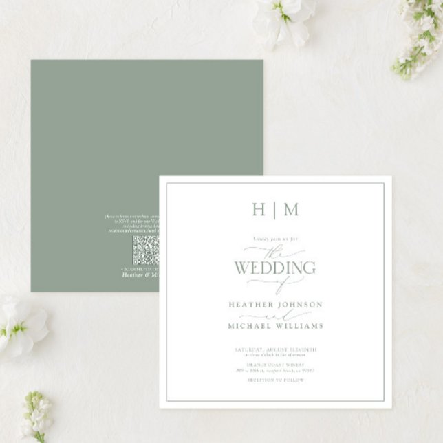 Invitation Code QR Élégant Sage Green Calligraphie Monogramme (Créateur téléchargé)