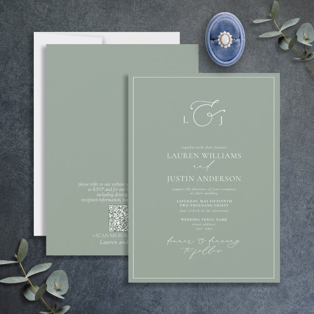 Invitation Code QR Élégant Sage Green Calligraphie Monogramme (Créateur téléchargé)