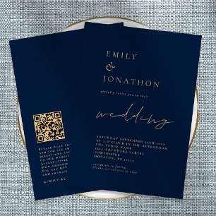 Invitation Code QR élégant Script Marine Gold Mariage Invitat