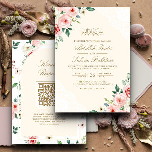 Invitation Code QR en dentelle de crême florale rose pour mar