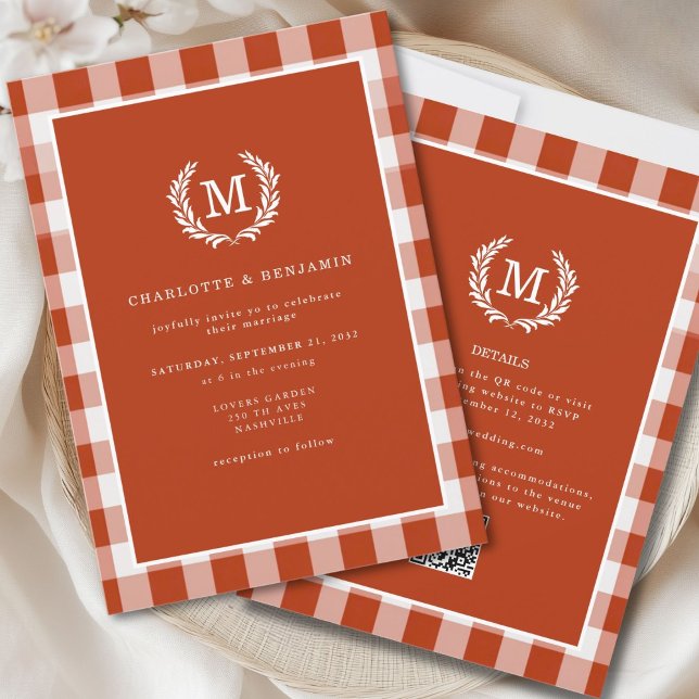 Invitation Code QR En vichy monogramme rouge orange (Red-Orange Gingham Monogram Crest QR Code Invitation for Details and RSVP. )