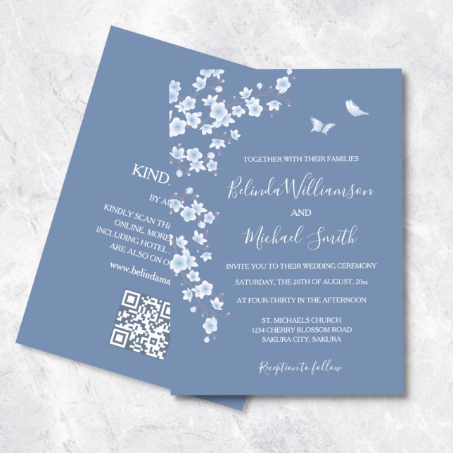 Invitation Code QR | Fleur de cerisier bleu Dusty | MARIAGE (Créateur téléchargé)