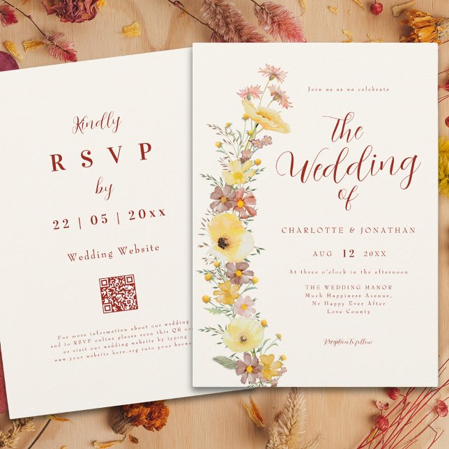 Invitation Code QR Fleur sauvage élégant Boho (Boho chic wildflower fall wedding qr code invitation )