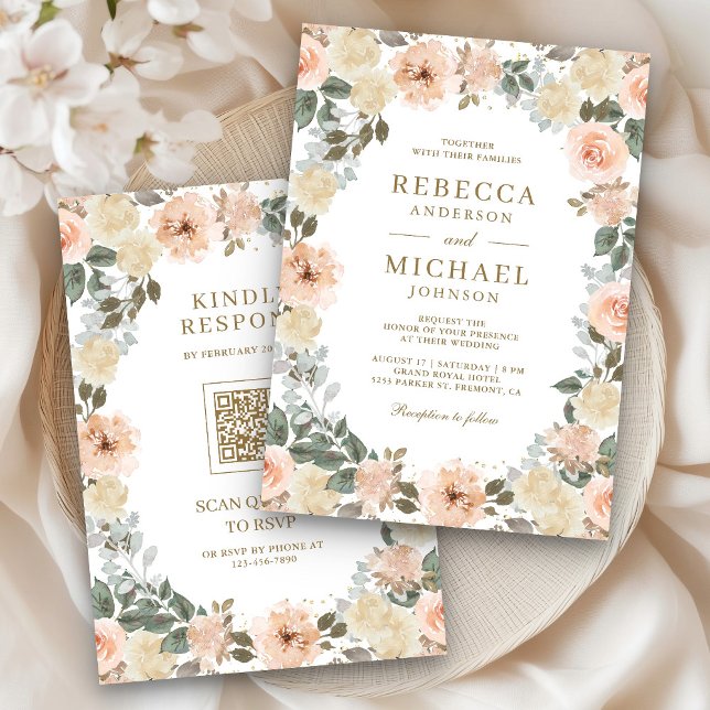 Invitation Code QR Fleurs de Pêche Poussiéreuse Rustique pour (Créateur téléchargé)